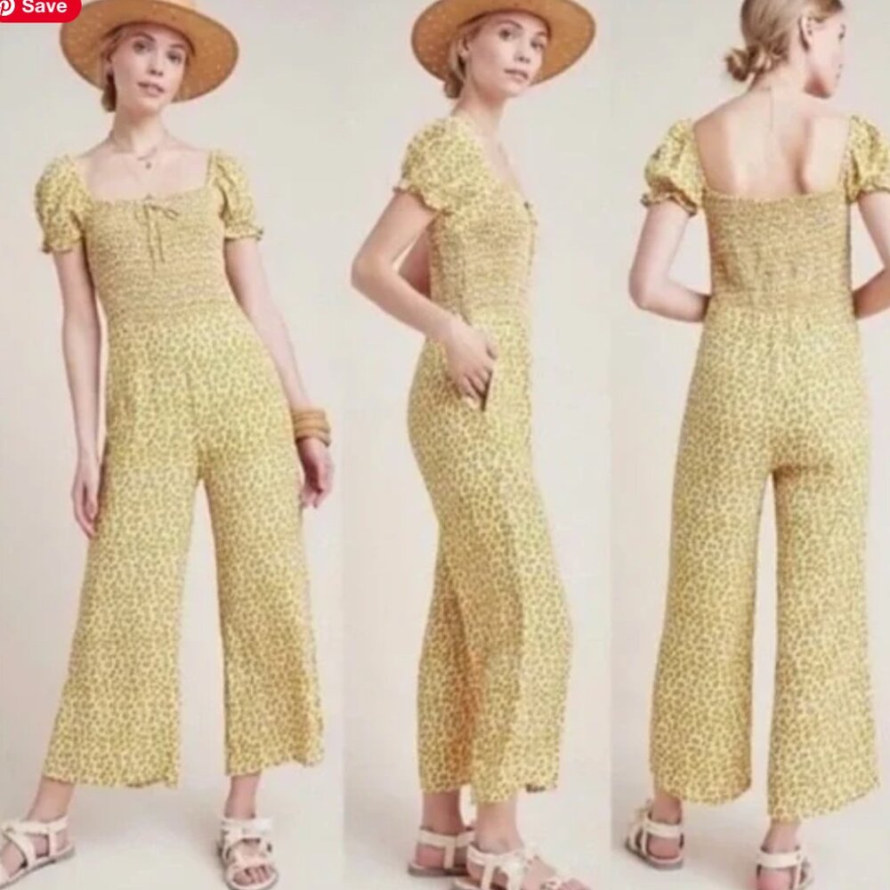 Faithfull the Brand Laszlo Smocked Jumpsuit in Yellow Sunflower sz US 2